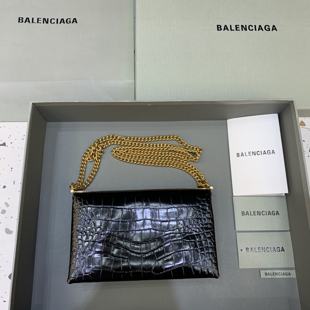 Balenciaga Triplet Small Bag With Chain Crocodile Embossed Calfskin Shouler Bag Black